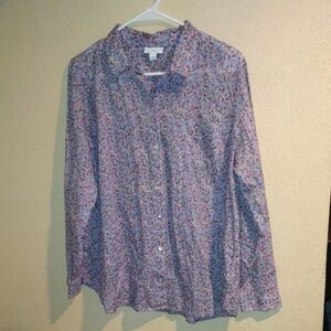 J. Jill Blue and Pink Casual Ditzy Floral Lightweight 100% Cotton Button Down  M